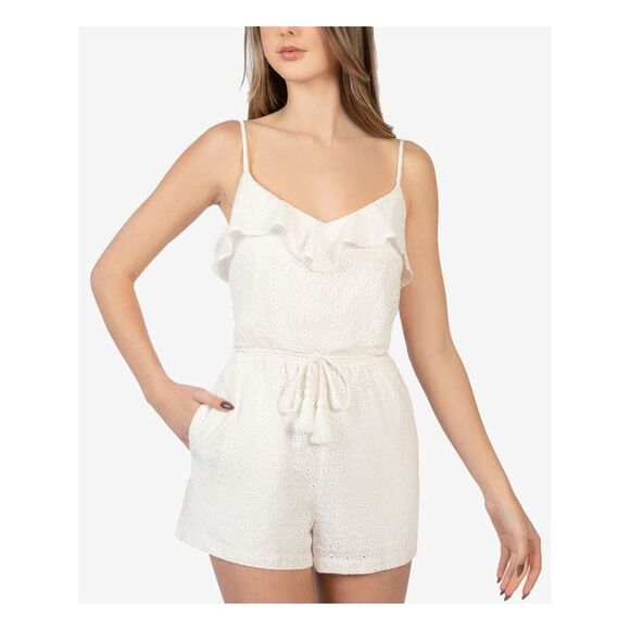 B DARLIN Womens Tie Ruffle Adjustable Spaghetti Strap Straight leg Romper - Picture 3 of 4